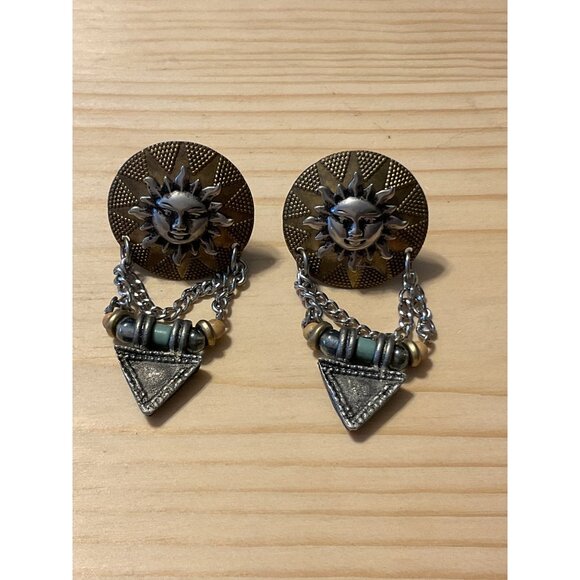 Vintage Sun & Triangle Clip-On Earrings - Unique Boho Style - Picture 1 of 4